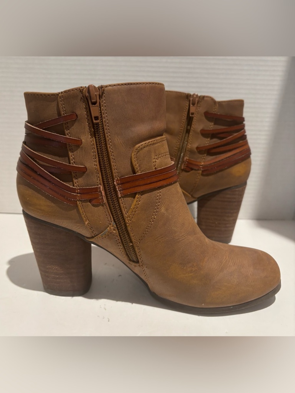 Madden Girl Boots Womens 8B Denice Ankle Booties Brown Faux Leather Zip Up